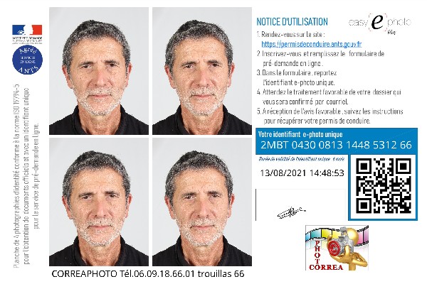 photos identités pour permis de conduire<br />
avec identifiant e-photo unique avec lien direct à https://permisdeconduire.ants.gouv.fr<br />
